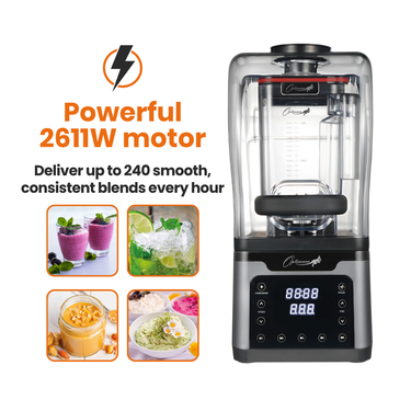 optimum 9400x commercial blender with digital display and text about powerful motor, white background