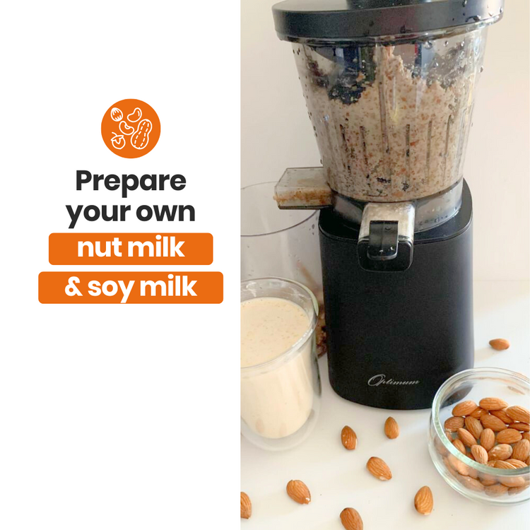 Optimum 600M juicer preparing nut milk and soy milk with ingredients on a white background