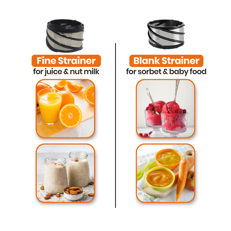 Comparison of fine and blank strainers Optimum 600M with corresponding food items on a white background.
