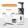 Thumbnail for Juicer Optimum 600M with accessories including a fine strainer, 600ml juice cup, 600ml residue cup, cleaning brush, and blank strainer on a white background.