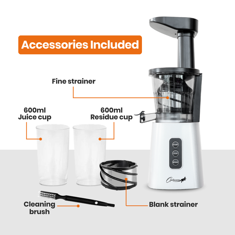 Juicer Optimum 600M with accessories including a fine strainer, 600ml juice cup, 600ml residue cup, cleaning brush, and blank strainer on a white background.