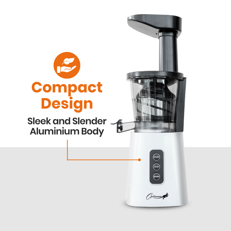 Optimum 600M slow juicer with text highlighting 'Compact Design' and 'Sleek and Slender Aluminium Body'.