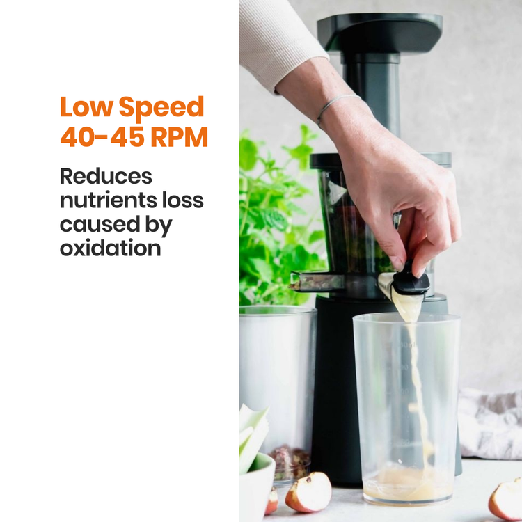 Person using 600M slow juicer with text about low speed and nutrient retention. Best juicer Australia
