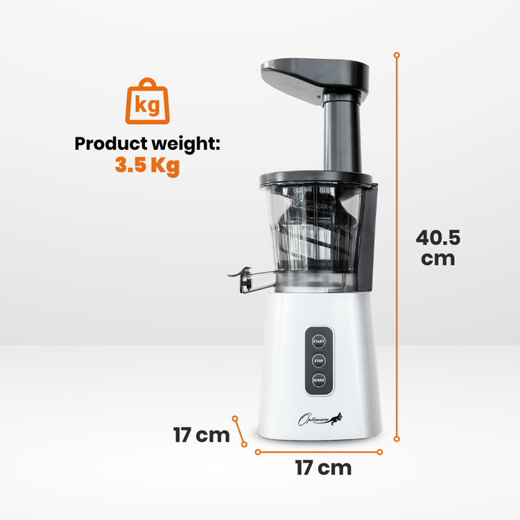 Optimum 600M juicer with measurements and weight 3.5kg displayed on a white background