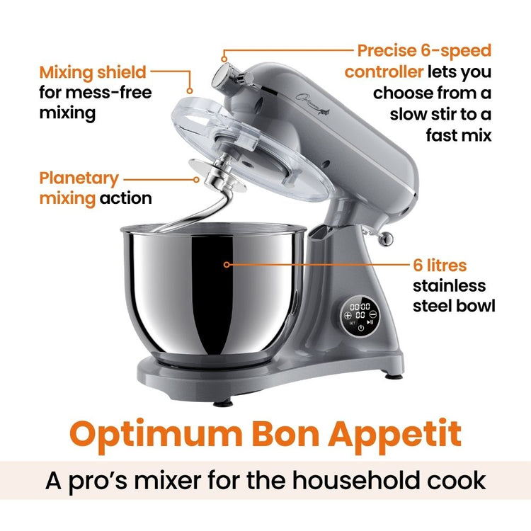 optimum bon appetit stand mixer kitchenaid competitor powerful big capacity multiple attachments mixing shield