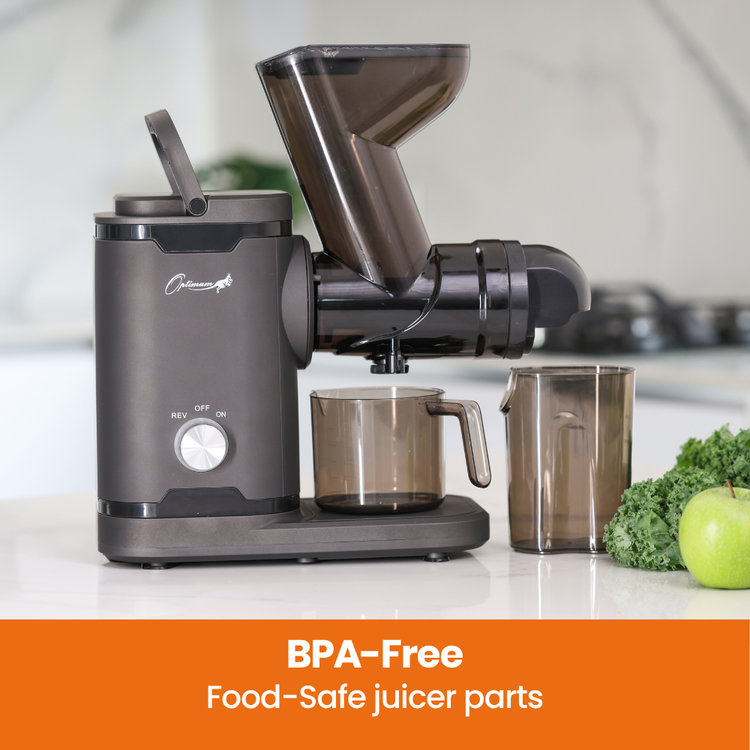 h3000 essential horiziontal juicer machine on a kitchen counter with BPA-Free text