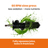 Thumbnail for h300 essential horizontal slow Juice extractor with green juice splashes and text about RPM and juice extraction.