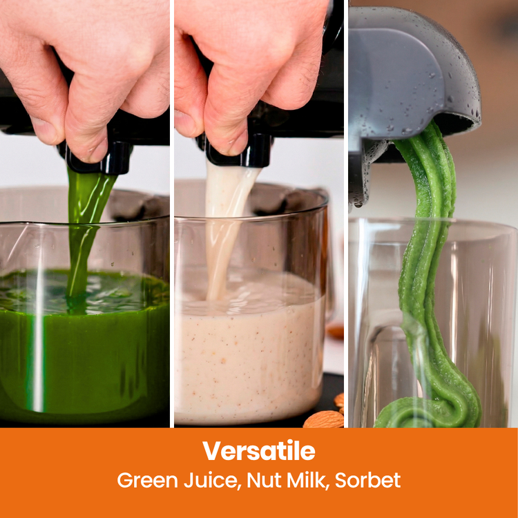 Collage using the h3000 essential horizontal big mouth slow juicer to extract green juice, nut milk, and sorbet.