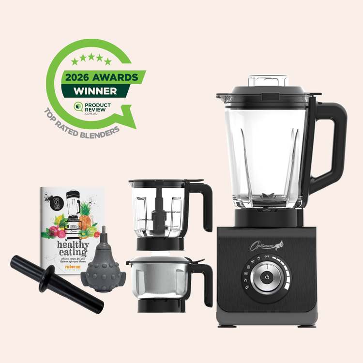 optimum 9400 essential food blender smoothie drink maker with glass jug black  garlic peeler bpa free plastic jug stainless steel jug