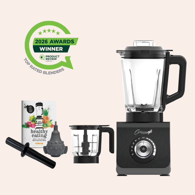 optimum 9400 essential food blender smoothie drink maker with glass jug black  garlic peeler bpa free plastic jug stainless steel jug