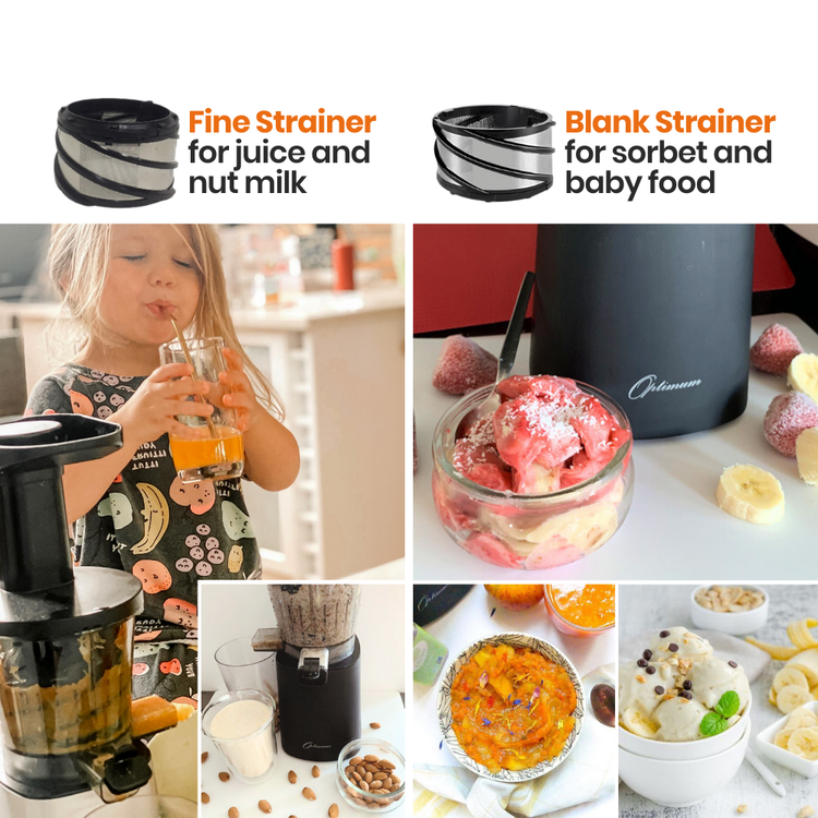 Collage of various food and drink items with text indicating what can be made from them with the Optimum 600M slow juicer