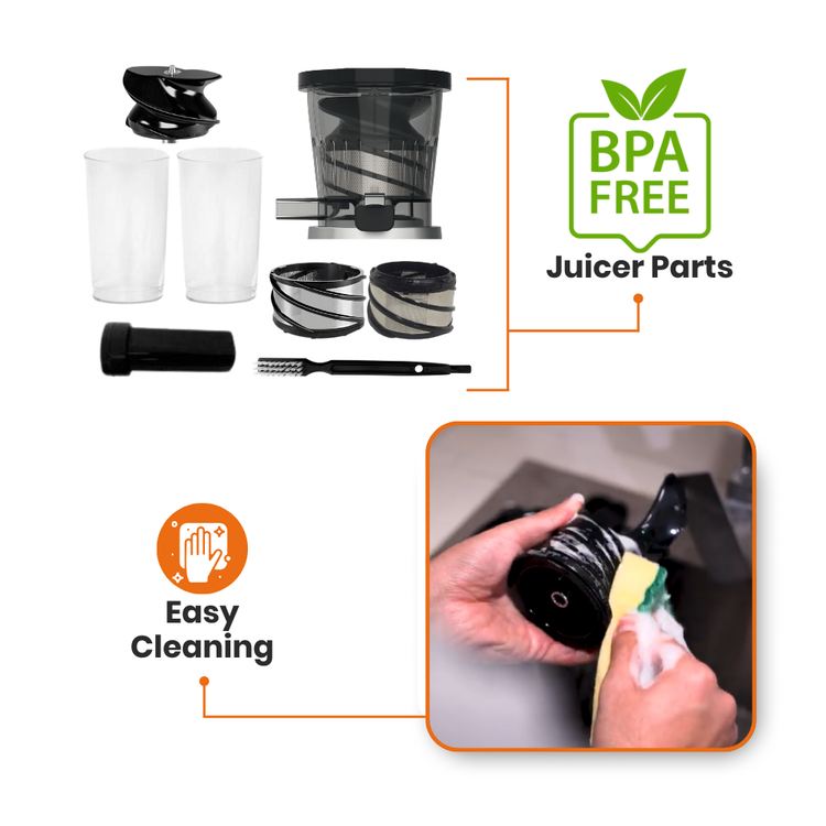 Optimum 600M juicer parts with BPA-free and easy cleaning features on a white background.