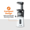 Thumbnail for Optimum 600M slow juicer with text highlighting 'Compact Design' and 'Sleek and Slender Aluminium Body'.