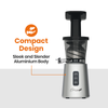 Thumbnail for Optimum 600M slow juicer with text highlighting 'Compact Design' and 'Sleek and Slender Aluminium Body'.
