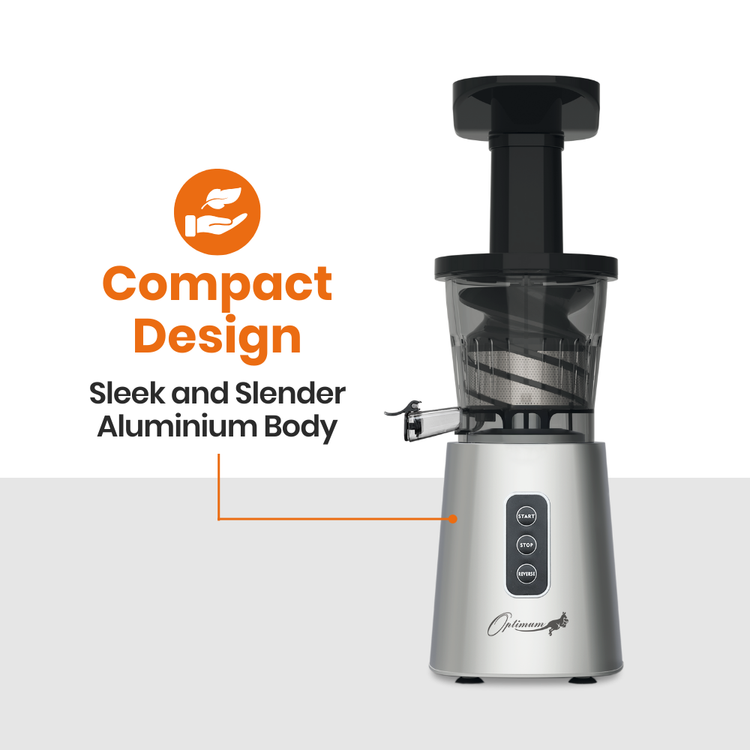 Optimum 600M slow juicer with text highlighting 'Compact Design' and 'Sleek and Slender Aluminium Body'.