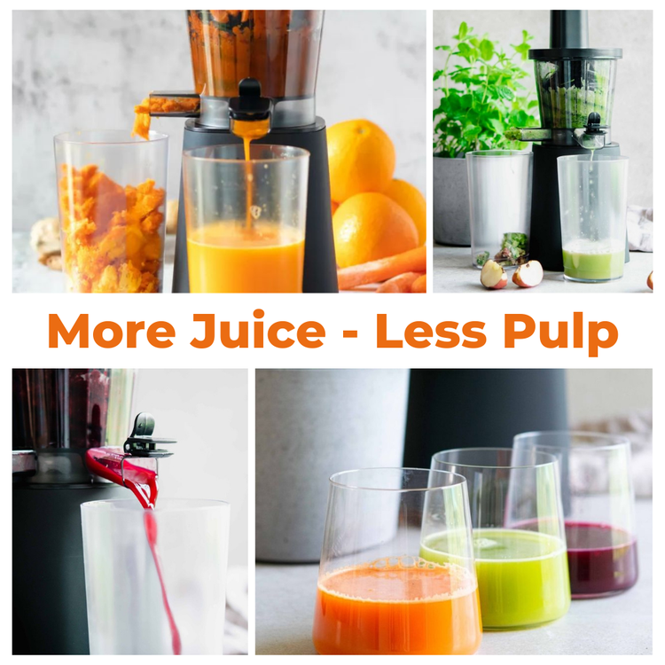 Collage of a 600M slow juicer with various fruits and vegetables, glasses of juice, and text 'More Juice - Less Pulp'.