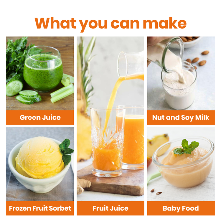 Collage of various food and drink items with text indicating what can be made from them with the Optimum 600M slow juicer