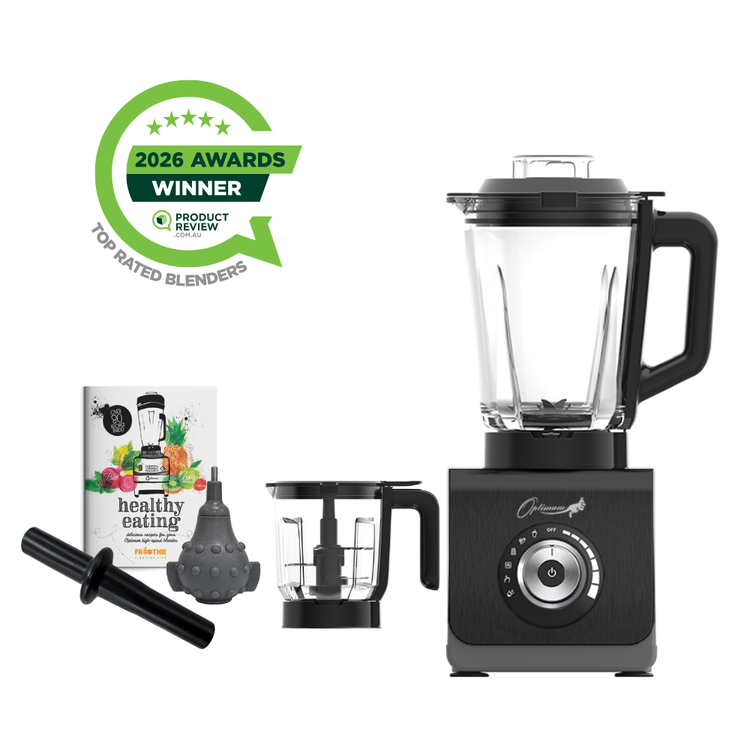 optimum 9400 essential food blender smoothie drink maker with glass jug black  garlic peeler bpa free plastic jug stainless steel jug