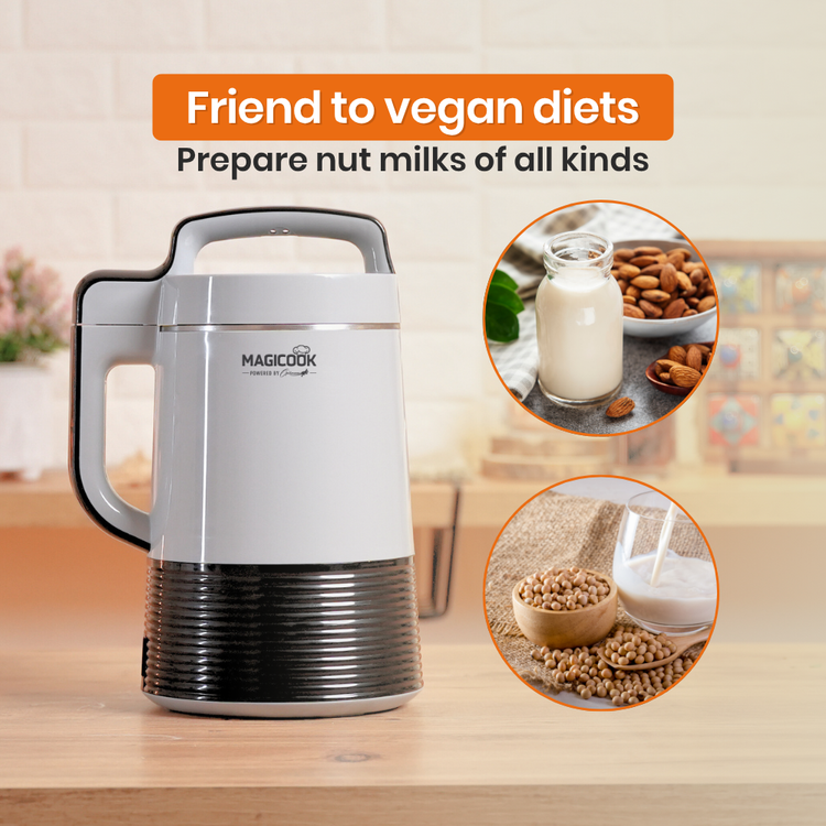 Magicook nut milk maker on a wooden surface with text about vegan diets and nut milks.