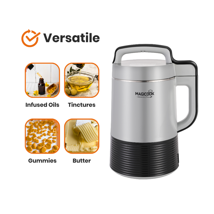 Silver and black kitchen appliance with 'Versatile' and 'MAGICOOK' branding, surrounded by icons for infused oils, tinctures, gummies, and butter.