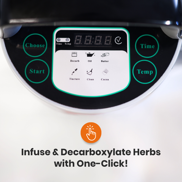 Control panel of the Magicook Pro with digital display and buttons, featuring text 'Infuse & Decarboxylate Herbs with One-Click!'.